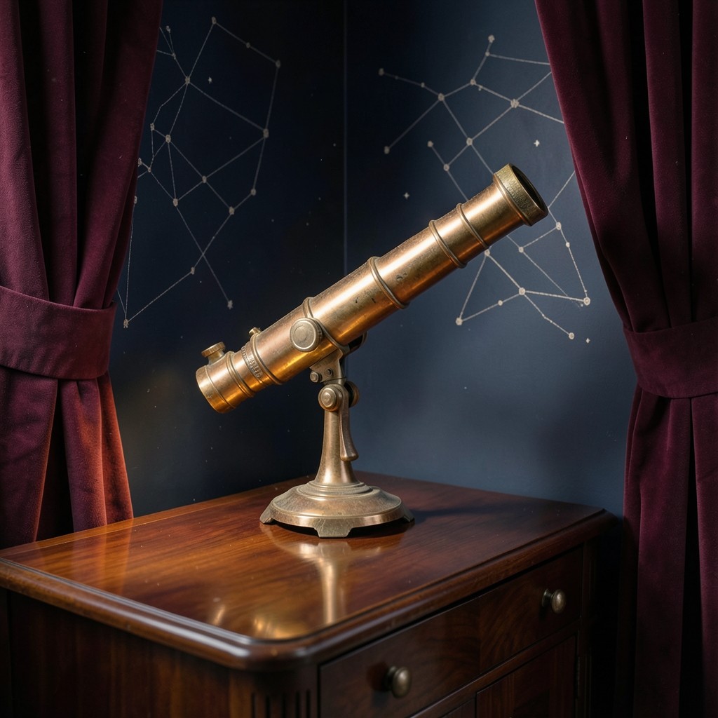 Aged copper telescope motif near lacquered desks in the Keen Archway Field studio