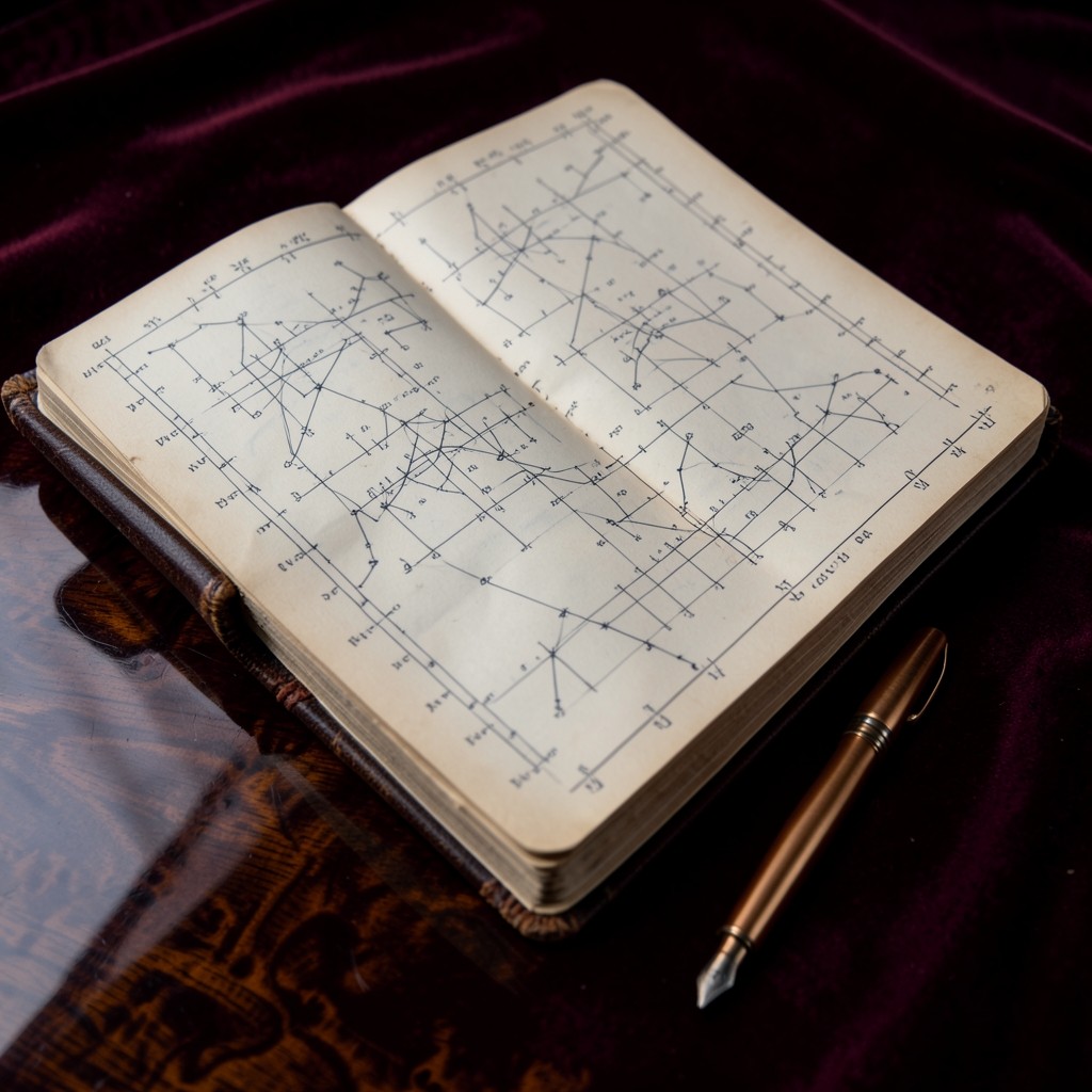 Open trading journal with constellation-style measurement marks beside a copper pen