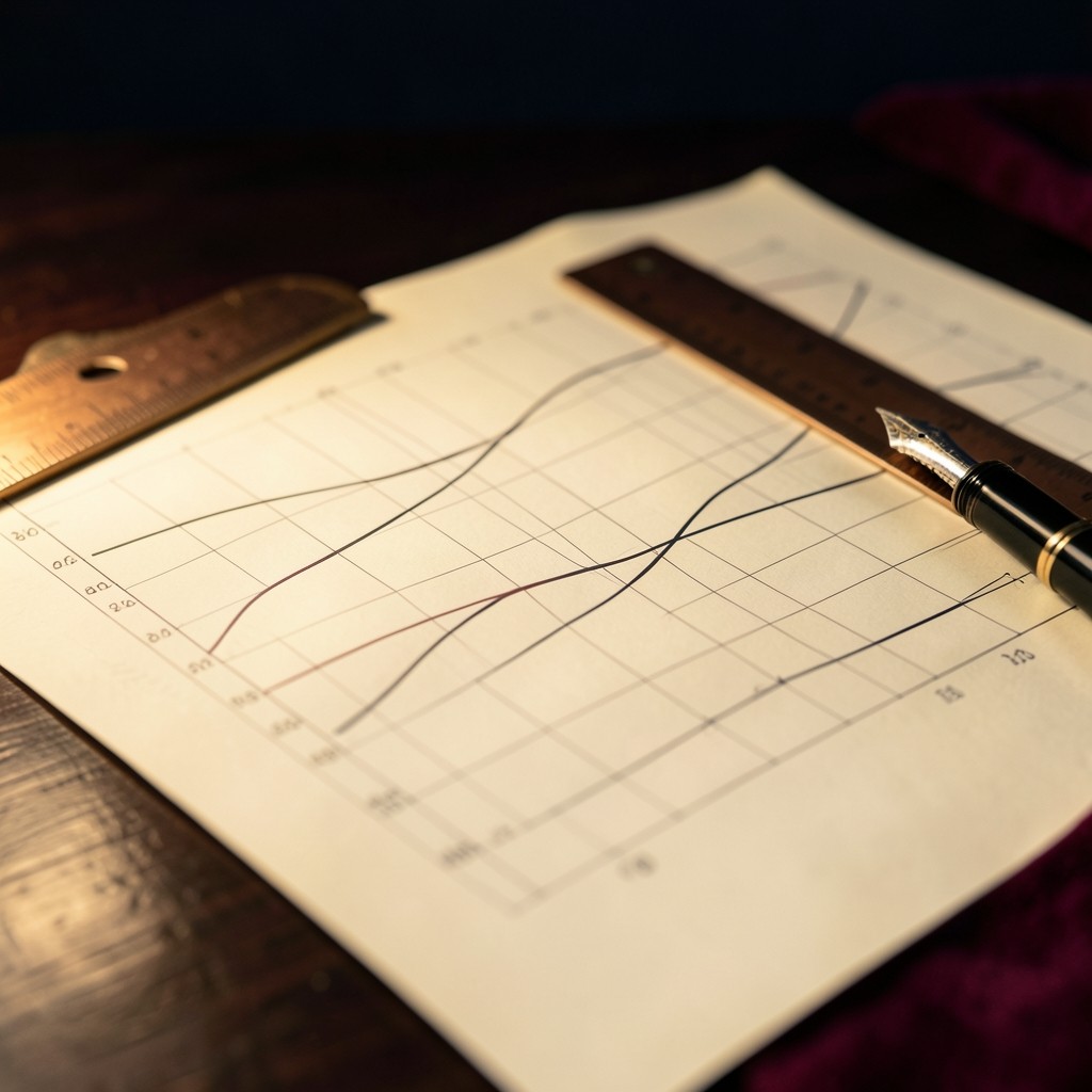 Printed Hang Seng charts with copper ruler and dual moving average lines marked in ink