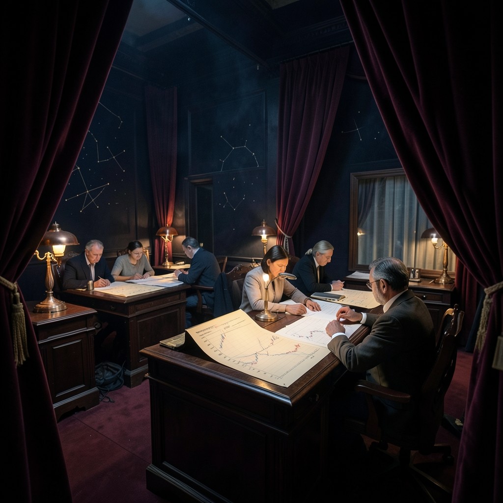 Velvet-lit observatory studio with traders studying chart printouts under copper lamps