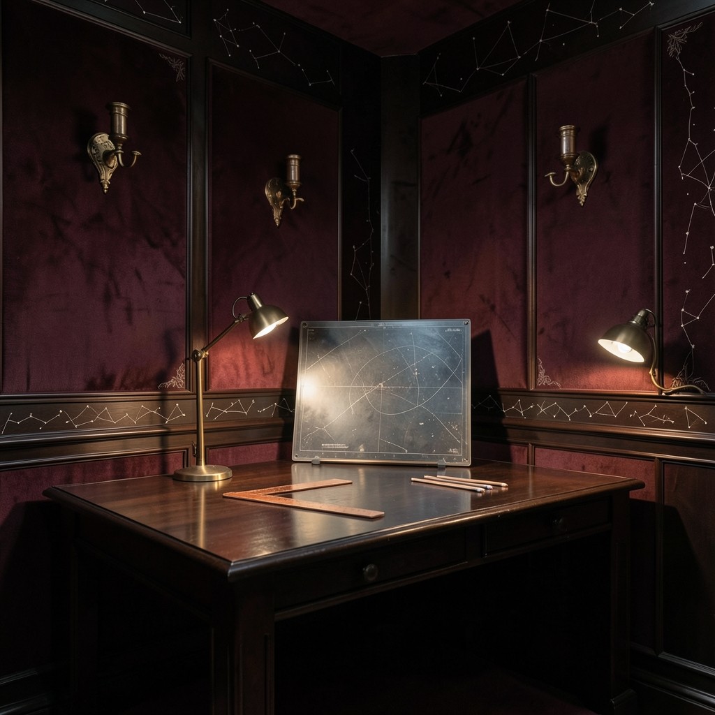 Interior of the Keen Archway Field studio with lacquered wood desks and constellation engravings