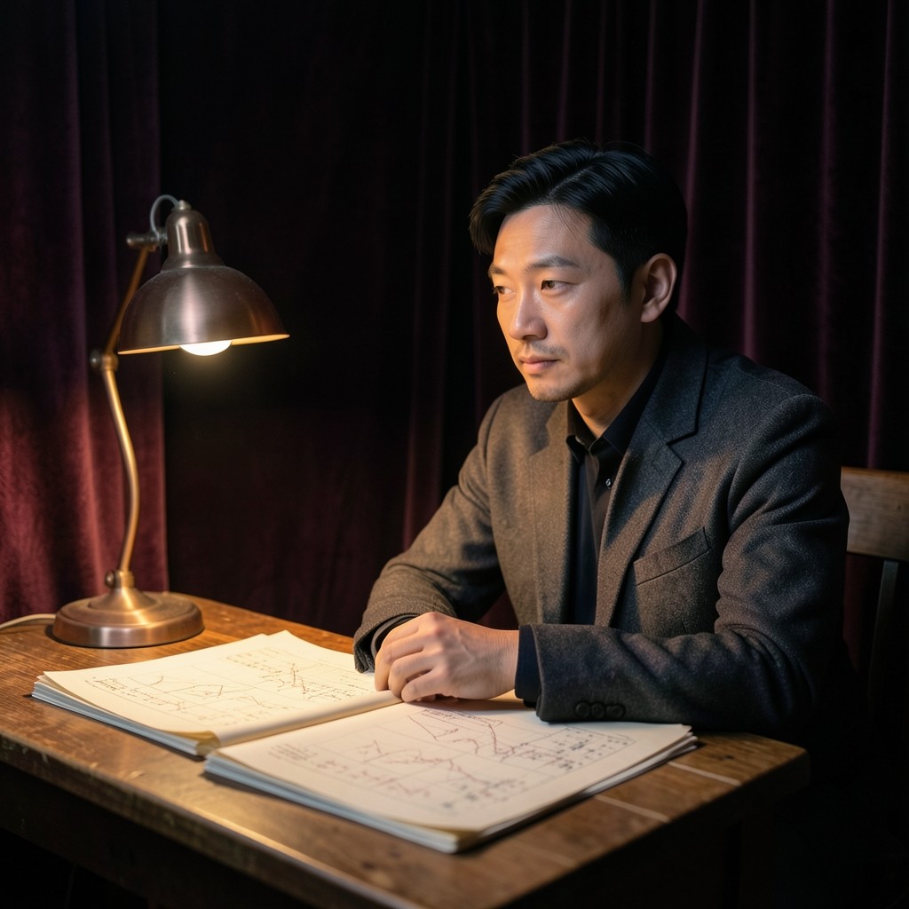 Portrait of Julian Ma beside chart printouts