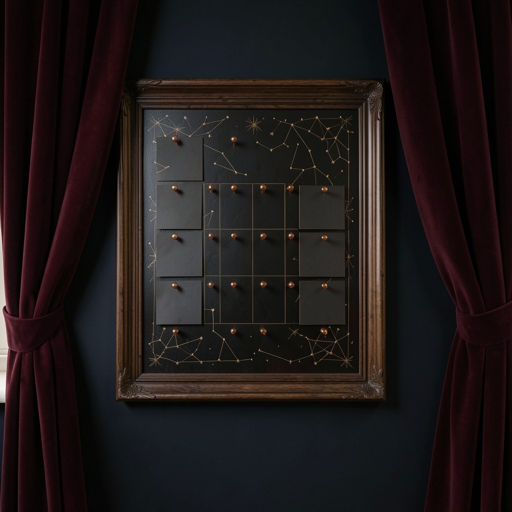 Calendar board with copper pins marking upcoming crossover lab dates in a velvet studio