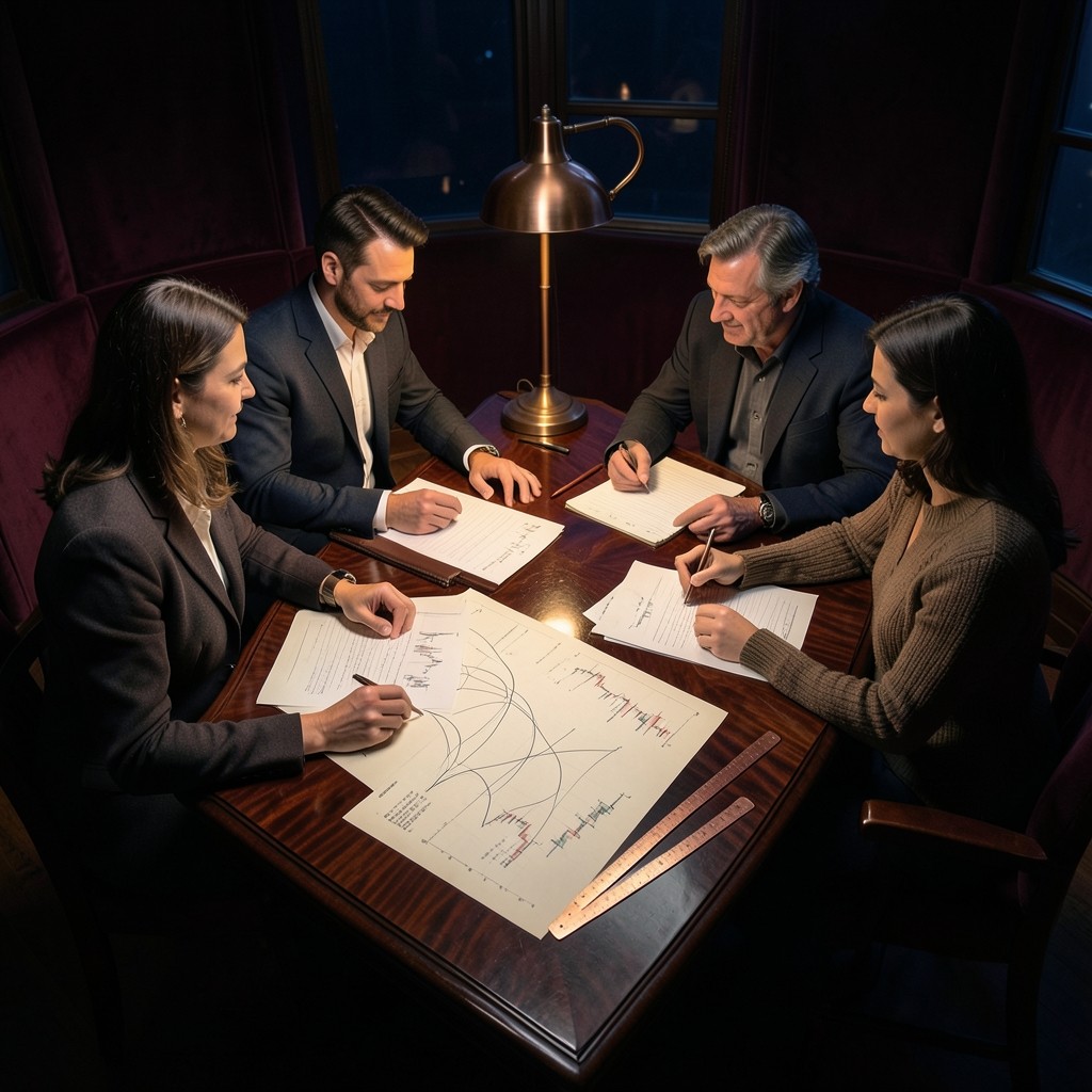 Traders reviewing moving average crossover charts at a velvet-lit studio table