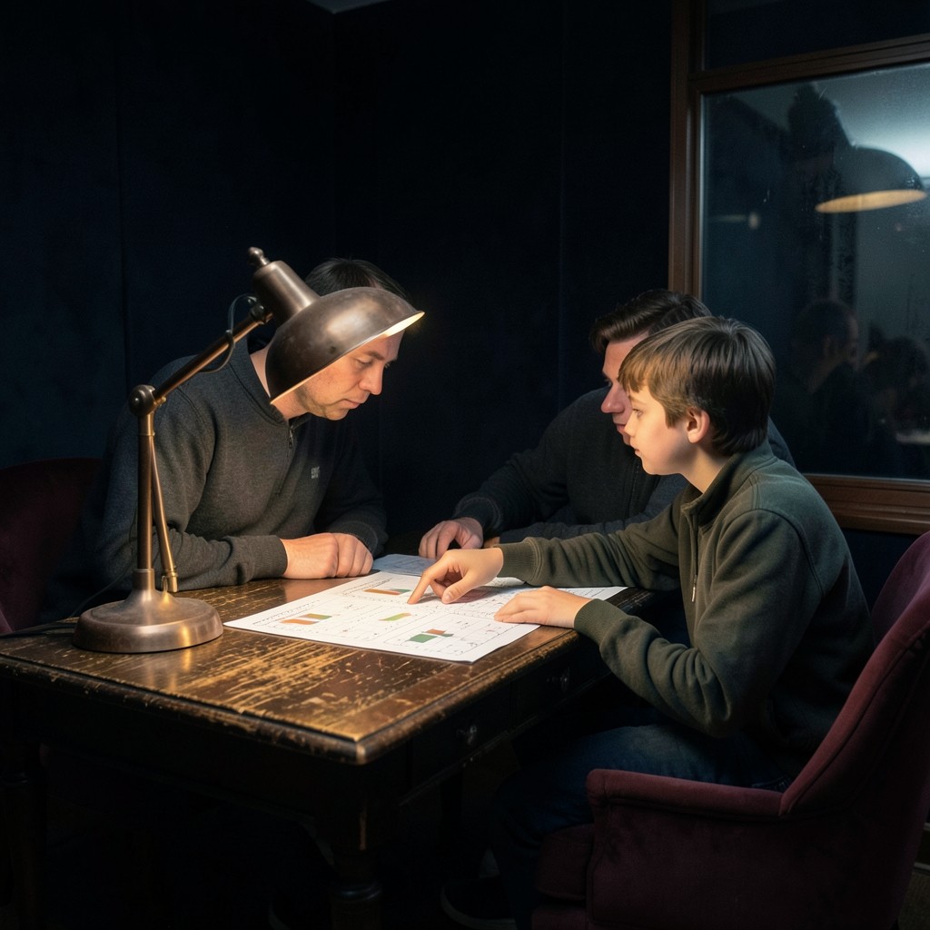 Instructor and student examining printed crossover charts under warm copper lamps