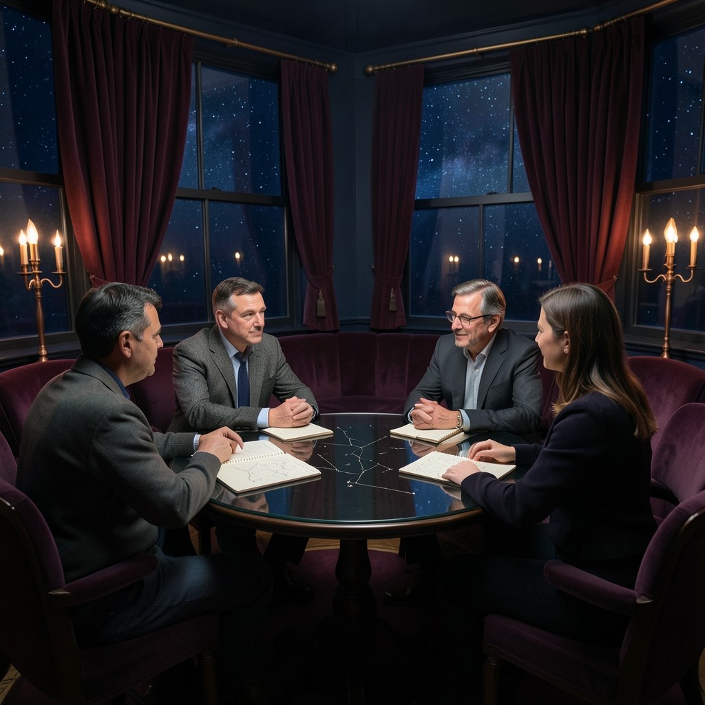 Small evening group around a smoked-glass table with constellation-marked notebooks